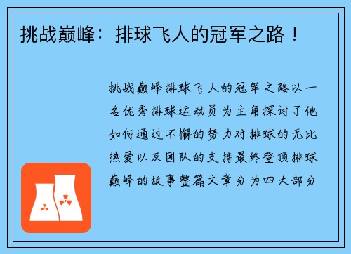 挑战巅峰：排球飞人的冠军之路 !
